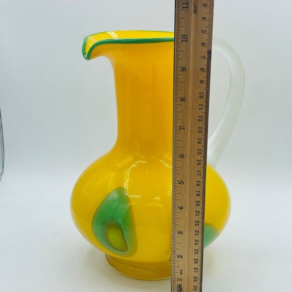 Large Vintage Hand Blown Glass Pitcher Bright Yellow & Green Mid-Century 1960s - Picture 11 of 12